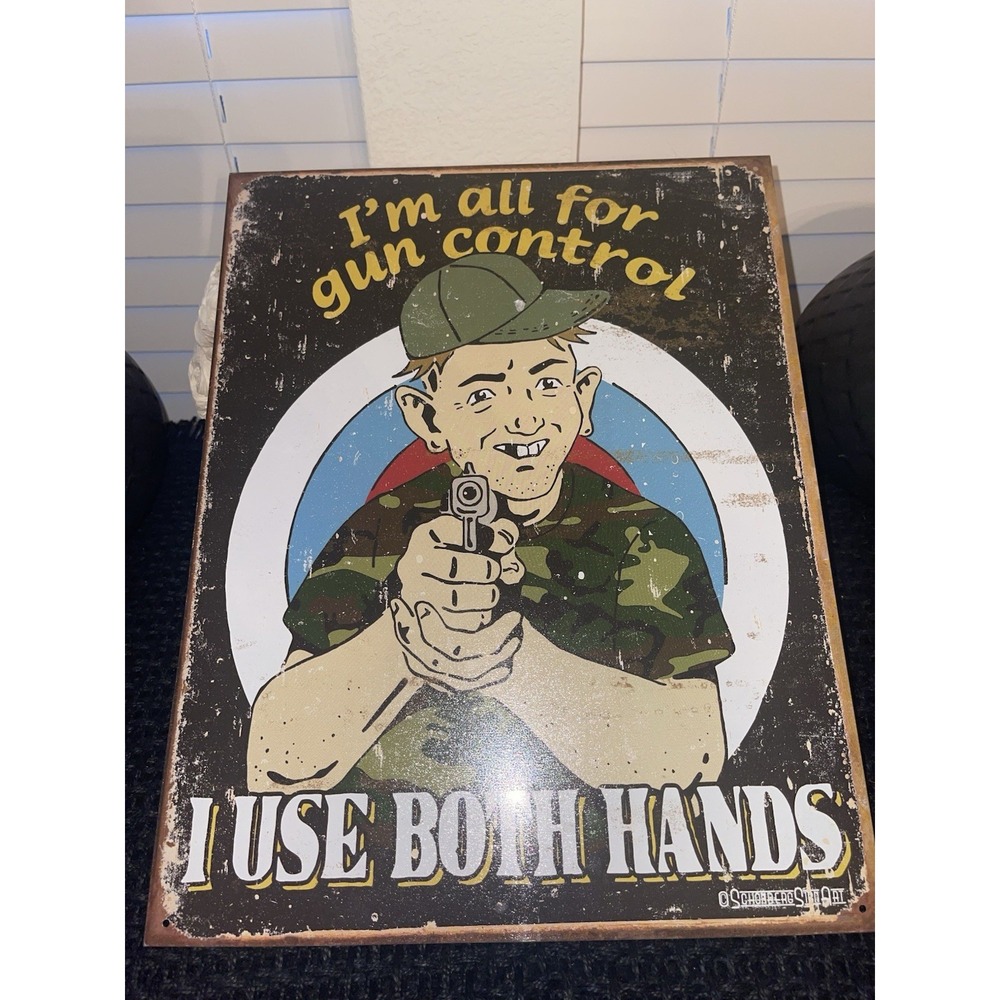 Desperate Enterprises Retro Distressed Gun Control, I Use Both Hands Metal Sign